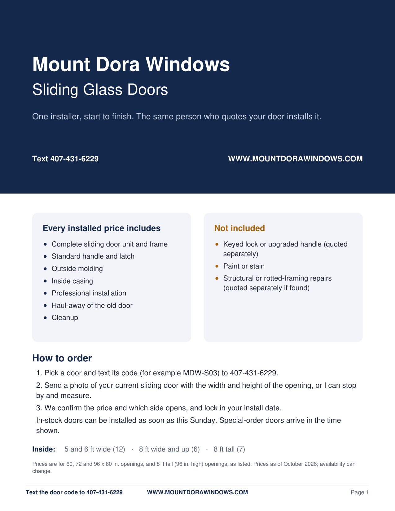 Mount Dora Windows sliding glass doors catalog page 1